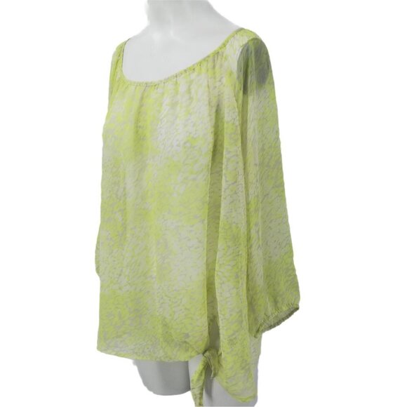 Express Animal Print Sheer Popover Blouse Size L 3/4 Sleeve Tie Waist Yellow Top - Picture 6 of 12